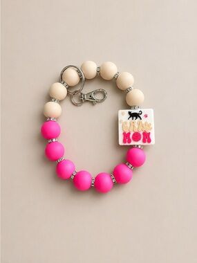 Neon Pink & Cream Beaded Keyring Bracelet - Cat Mom Charm